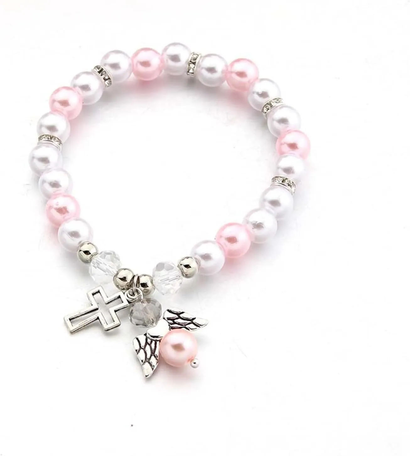 Pearl Cross Bracelet for Women Dainty Charm Hollow Cross Angel Pendant Bracelet Hanmade Elastic force Adjustable Christian Bracelet Religious Beaded Bracelets Catholic First 1st Communion Easter Gifts