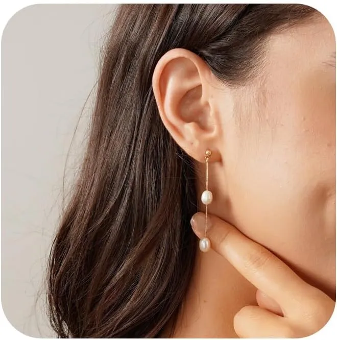 Pearl Earrings for Women - Dainty Gold Dangle Drop Earrings, 14k Gold Plated Cute Bow Design, Hypoallergenic Pearl Studs, Wedding Jewelry Gifts