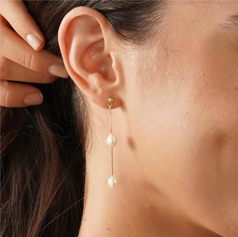 Pearl Earrings for Women - Dainty Gold Dangle Drop Earrings, 14k Gold Plated Cute Bow Design, Hypoallergenic Pearl Studs, Wedding Jewelry Gifts