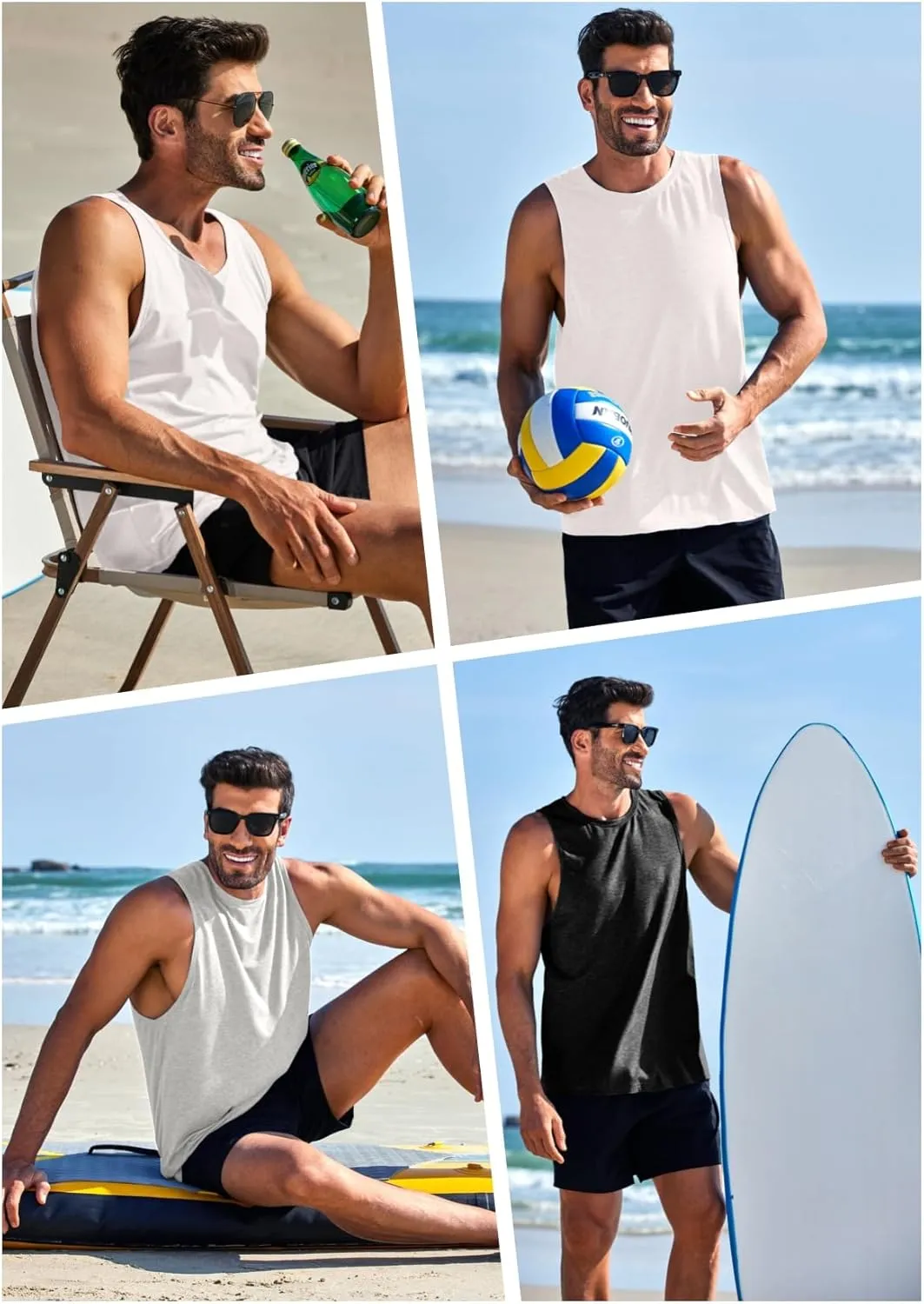 PINSPARK Men's 3 Pack Gym Tank Tops Workout Quick Dry Athletic Tank Top for Men Multipack Sleeveless Beach Swimming Shirts