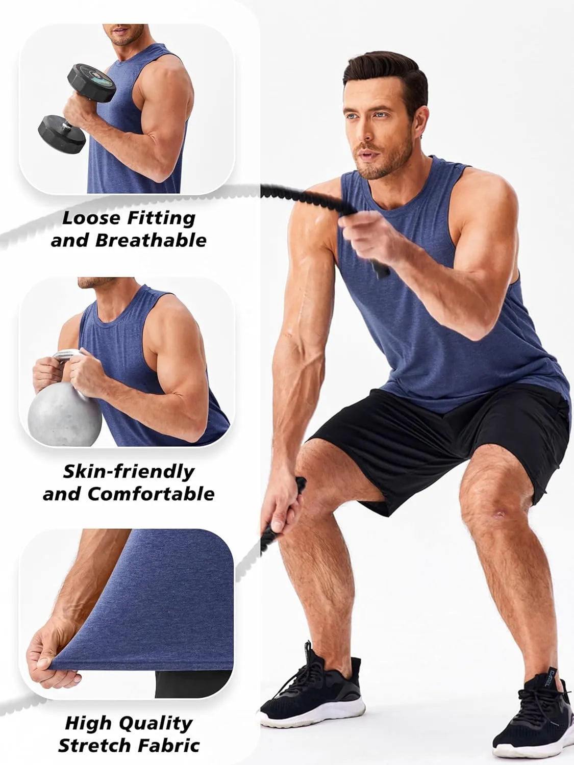 PINSPARK Men's 3 Pack Gym Tank Tops Workout Quick Dry Athletic Tank Top for Men Multipack Sleeveless Beach Swimming Shirts