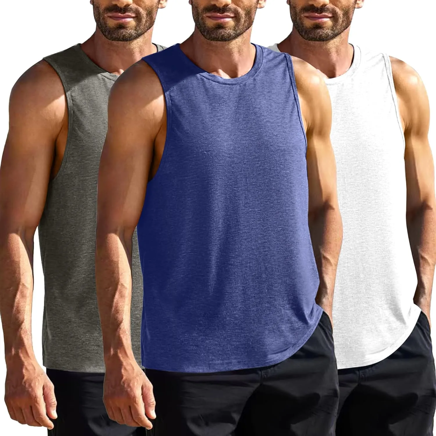 PINSPARK Men's 3 Pack Gym Tank Tops Workout Quick Dry Athletic Tank Top for Men Multipack Sleeveless Beach Swimming Shirts