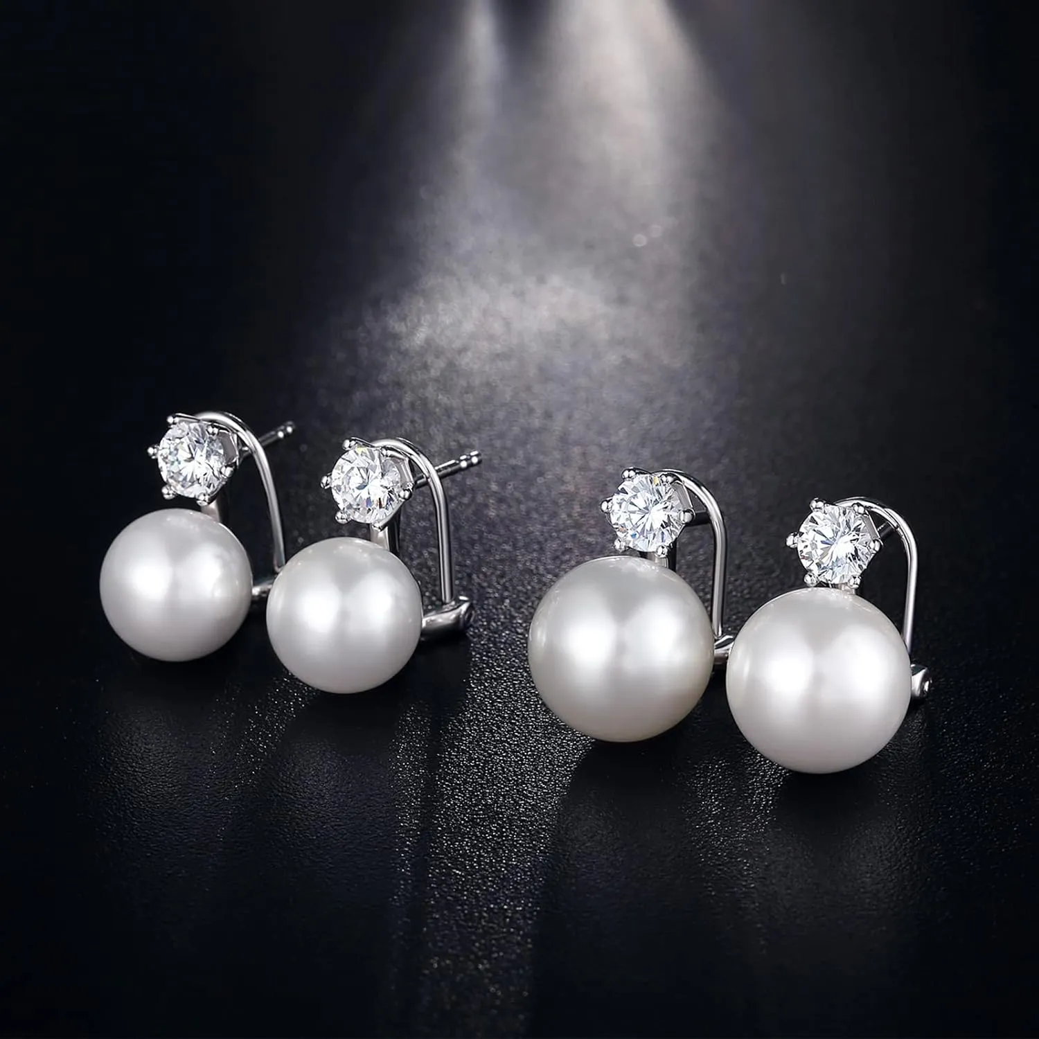 Platinum-Plated Pearl Stud Earrings - Sterling Silver & Diamond Dangle Earrings
