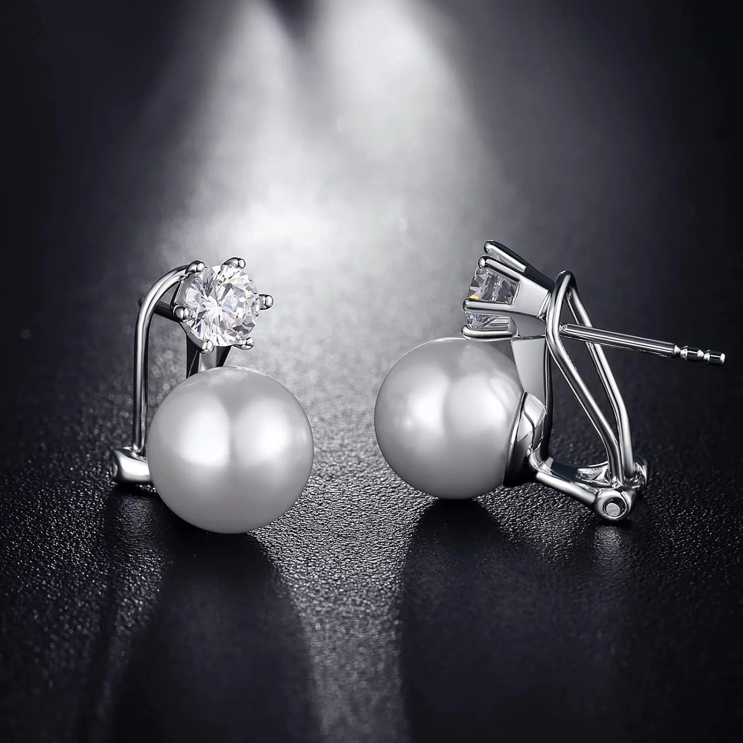 Platinum-Plated Pearl Stud Earrings - Sterling Silver & Diamond Dangle Earrings