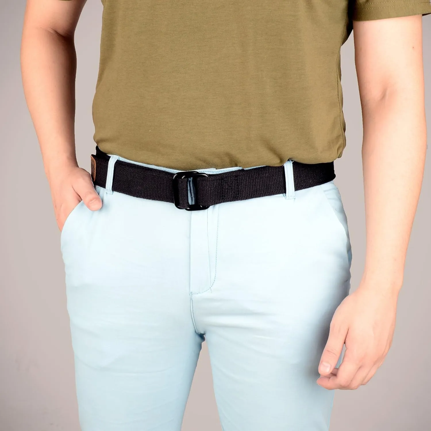 Plus Size 39-75'' Long Double Ring Big Mens Canvas Fabric Cloth Belts Black