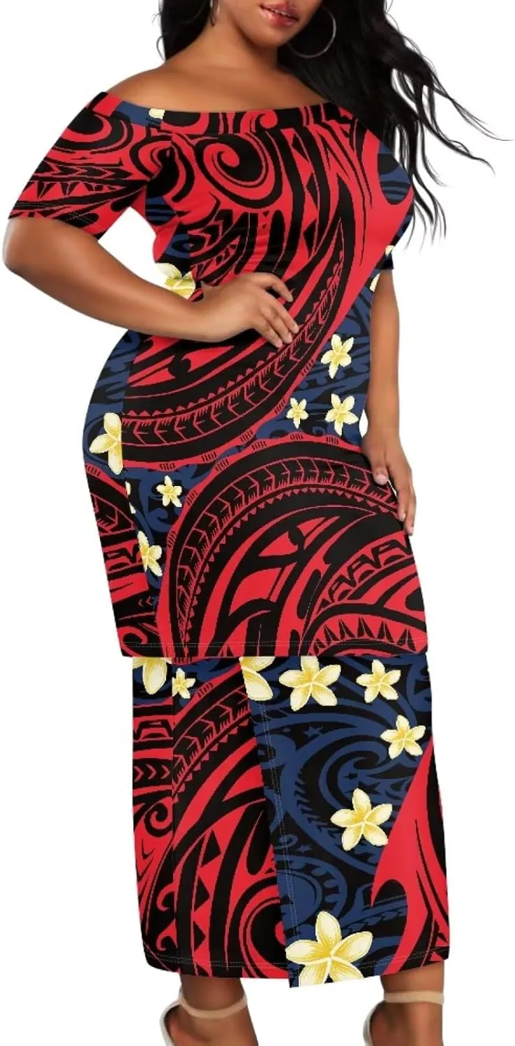 Puletasi Traditional Off Shoulder Dress Plus Size Tops and Skirt Sets