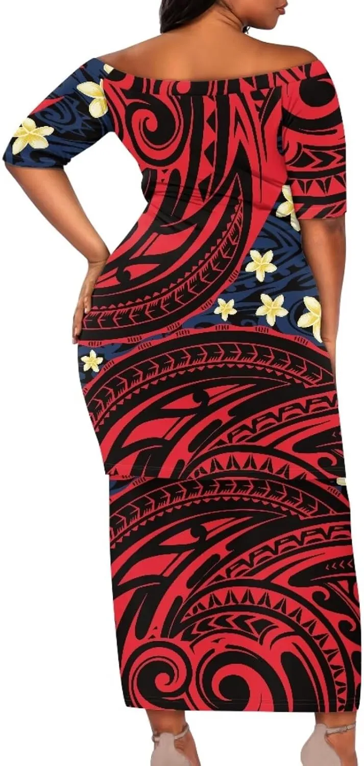 Puletasi Traditional Off Shoulder Dress Plus Size Tops and Skirt Sets