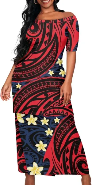 Puletasi Traditional Off Shoulder Dress Plus Size Tops and Skirt Sets