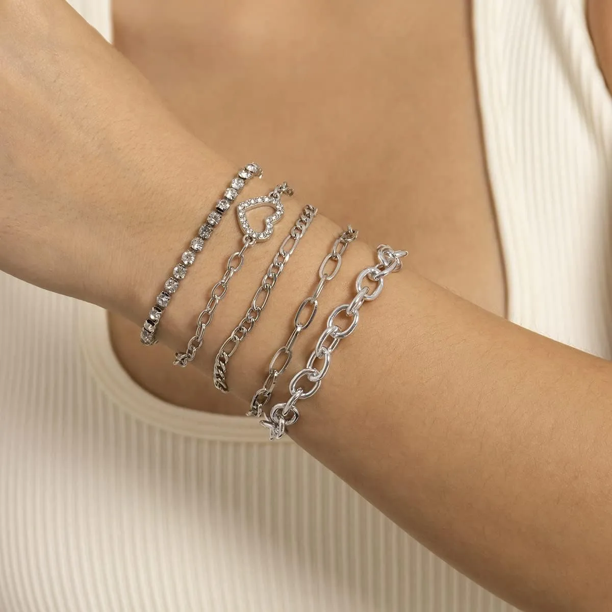 Punk Stackable Hand Set 5pcs Chain Rhinestone Hollow Heart Bracelets Hip hop Metal Chain Jewelry for Women and Girls (Silver)