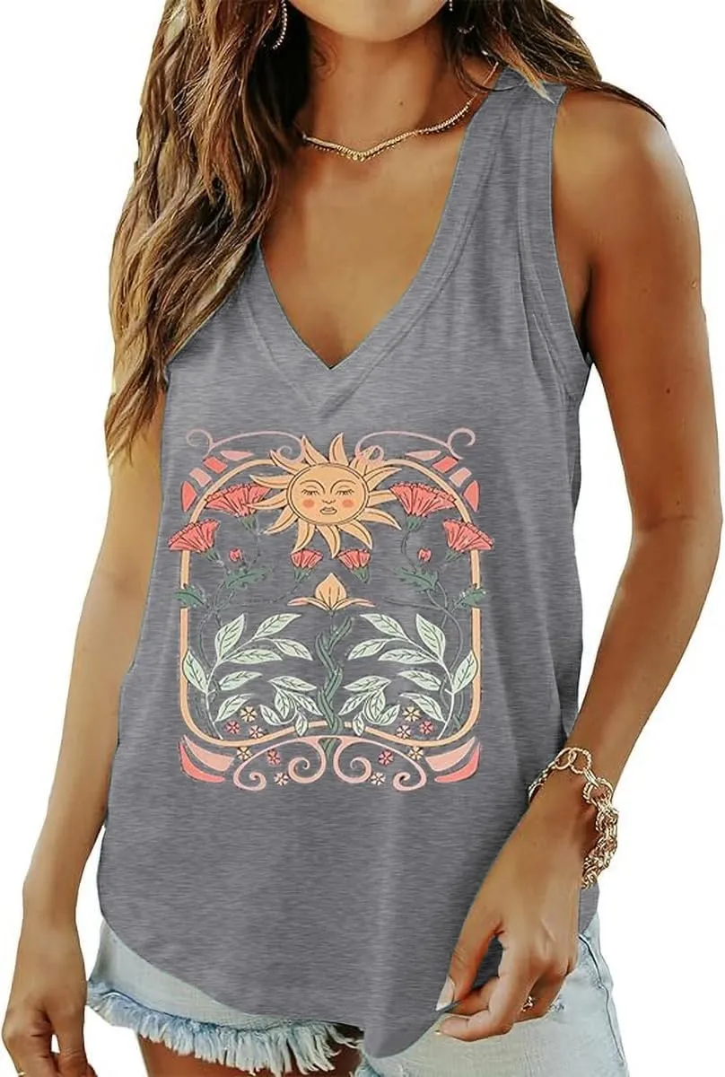 Qbily Summer Deep V-Neck Tank Tops for Women Casual Cute Sleeveless Graphic Printed Shirt