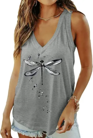 Qbily Summer Deep V-Neck Tank Tops for Women Casual Cute Sleeveless Graphic Printed Shirt