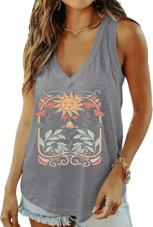 Qbily Summer Deep V-Neck Tank Tops for Women Casual Cute Sleeveless Graphic Printed Shirt