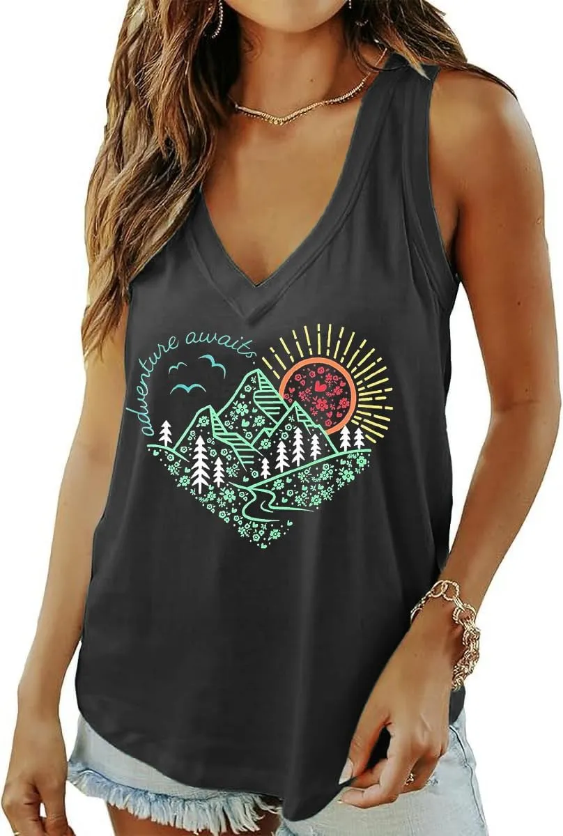 Qbily Summer Deep V-Neck Tank Tops for Women Casual Cute Sleeveless Graphic Printed Shirt