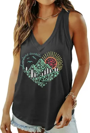 Qbily Summer Deep V-Neck Tank Tops for Women Casual Cute Sleeveless Graphic Printed Shirt