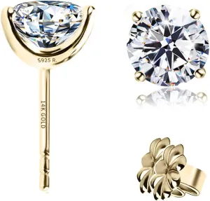 "STUNNING FLAME" Solid 14K Gold Post & Sterling Silver Round Cut Cubic-Zirconia Stud CZ Earrings | Hypoallergenic Jewelry