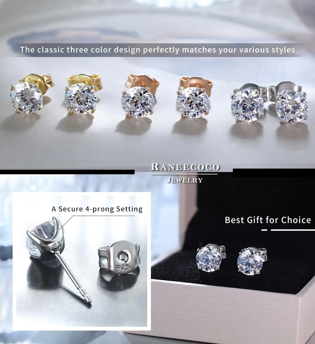 "STUNNING FLAME" Solid 14K Gold Post & Sterling Silver Round Cut Cubic-Zirconia Stud CZ Earrings | Hypoallergenic Jewelry
