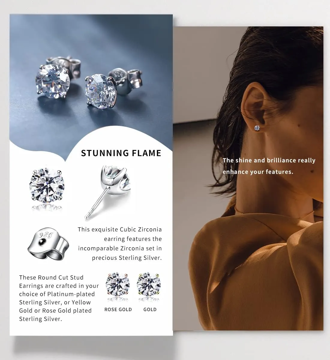 "STUNNING FLAME" Solid 14K Gold Post & Sterling Silver Round Cut Cubic-Zirconia Stud CZ Earrings | Hypoallergenic Jewelry