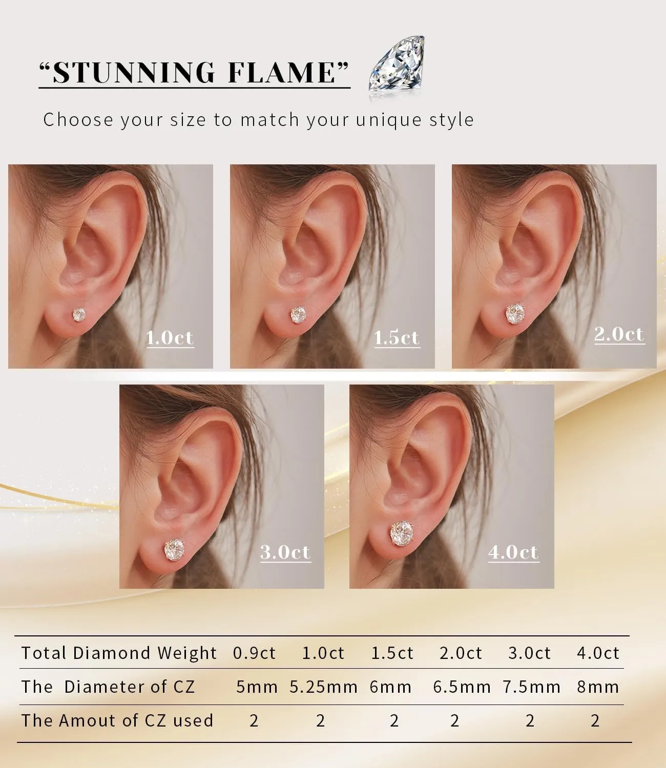 "STUNNING FLAME" Solid 14K Gold Post & Sterling Silver Round Cut Cubic-Zirconia Stud CZ Earrings | Hypoallergenic Jewelry