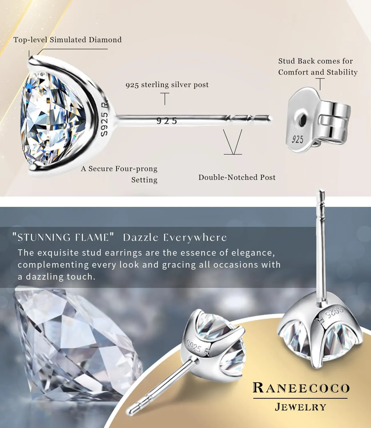 "STUNNING FLAME" Solid 14K Gold Post & Sterling Silver Round Cut Cubic-Zirconia Stud CZ Earrings | Hypoallergenic Jewelry