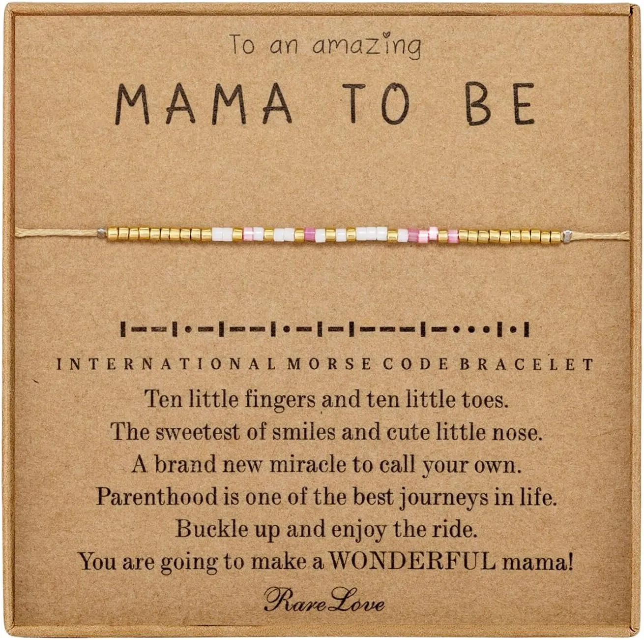 RareLove Mom to Be Gifts -First Mothers Day Gifts for New Mom Mama to be Morse Code Beaded Bracelets for Women Pink White Golden Pony Beads