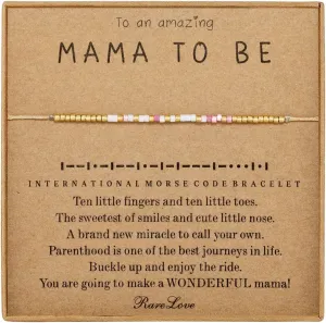 RareLove Mom to Be Gifts -First Mothers Day Gifts for New Mom Mama to be Morse Code Beaded Bracelets for Women Pink White Golden Pony Beads