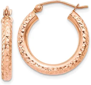 Real 14k Rose Gold 3mm Diamond-cut Hoop Earrings