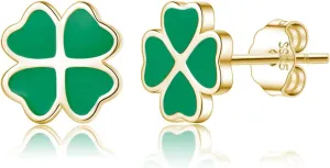 Reffeer Solid 925 Sterling Silver Leaf Clover Earrings Studs for Women Teen Girls Green Leaf Stud Earrings Clover