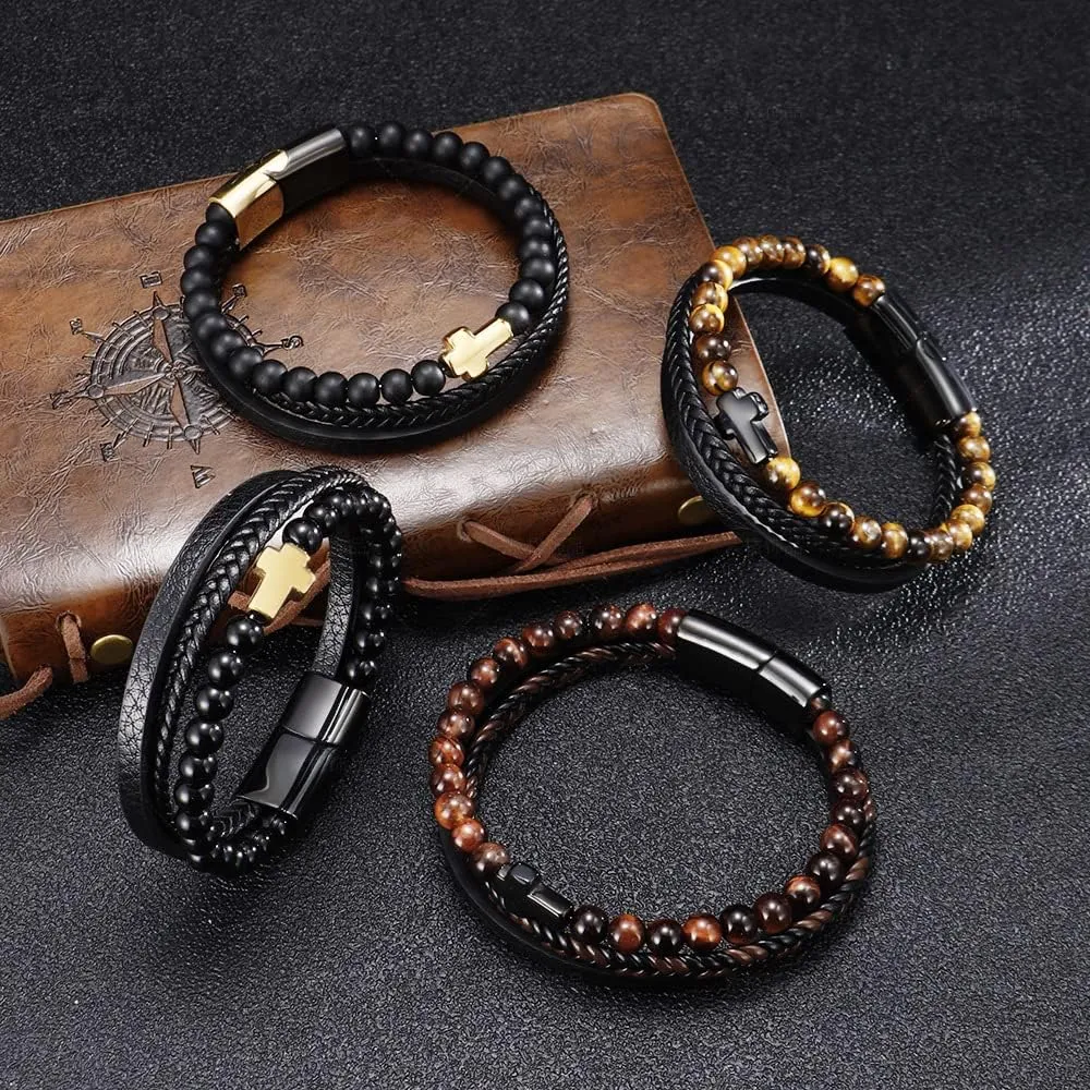 Religion Cross Multilayer Braided Leather Bracelet for Men Natural Tiger Eye Beads Stone Cross Bracelet