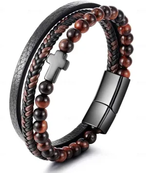 Religion Cross Multilayer Braided Leather Bracelet for Men Natural Tiger Eye Beads Stone Cross Bracelet