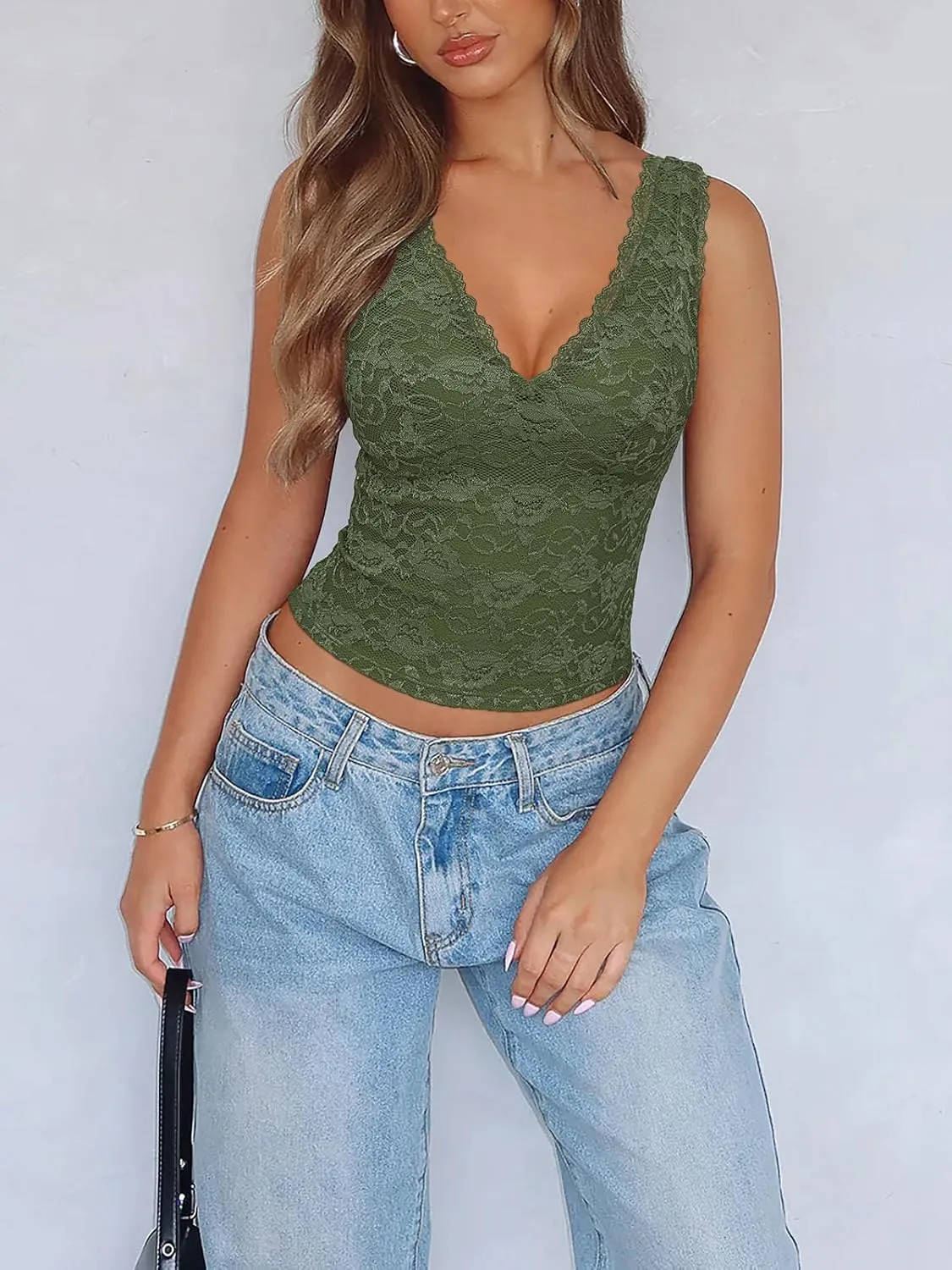 REORIA Womens Sexy V Neck Sleeveless Y2K Trendy Lace Cropped Tank Tops Double Lined Going Out Top
