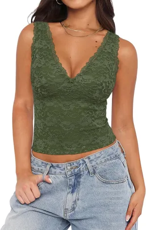 REORIA Womens Sexy V Neck Sleeveless Y2K Trendy Lace Cropped Tank Tops Double Lined Going Out Top