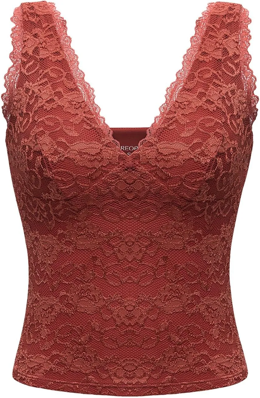 REORIA Womens Sexy V Neck Sleeveless Y2K Trendy Lace Cropped Tank Tops Double Lined Going Out Top