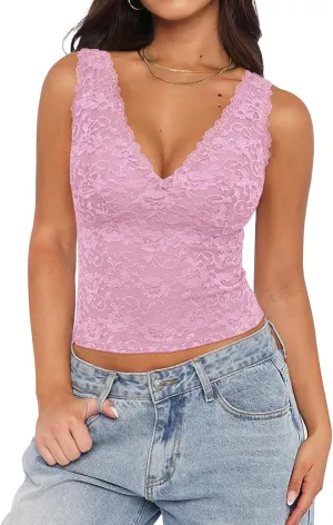 REORIA Womens Sexy V Neck Sleeveless Y2K Trendy Lace Cropped Tank Tops Double Lined Going Out Top