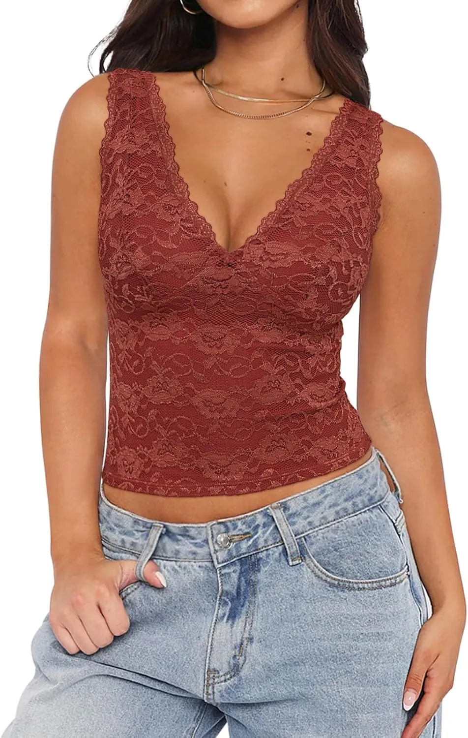 REORIA Womens Sexy V Neck Sleeveless Y2K Trendy Lace Cropped Tank Tops Double Lined Going Out Top