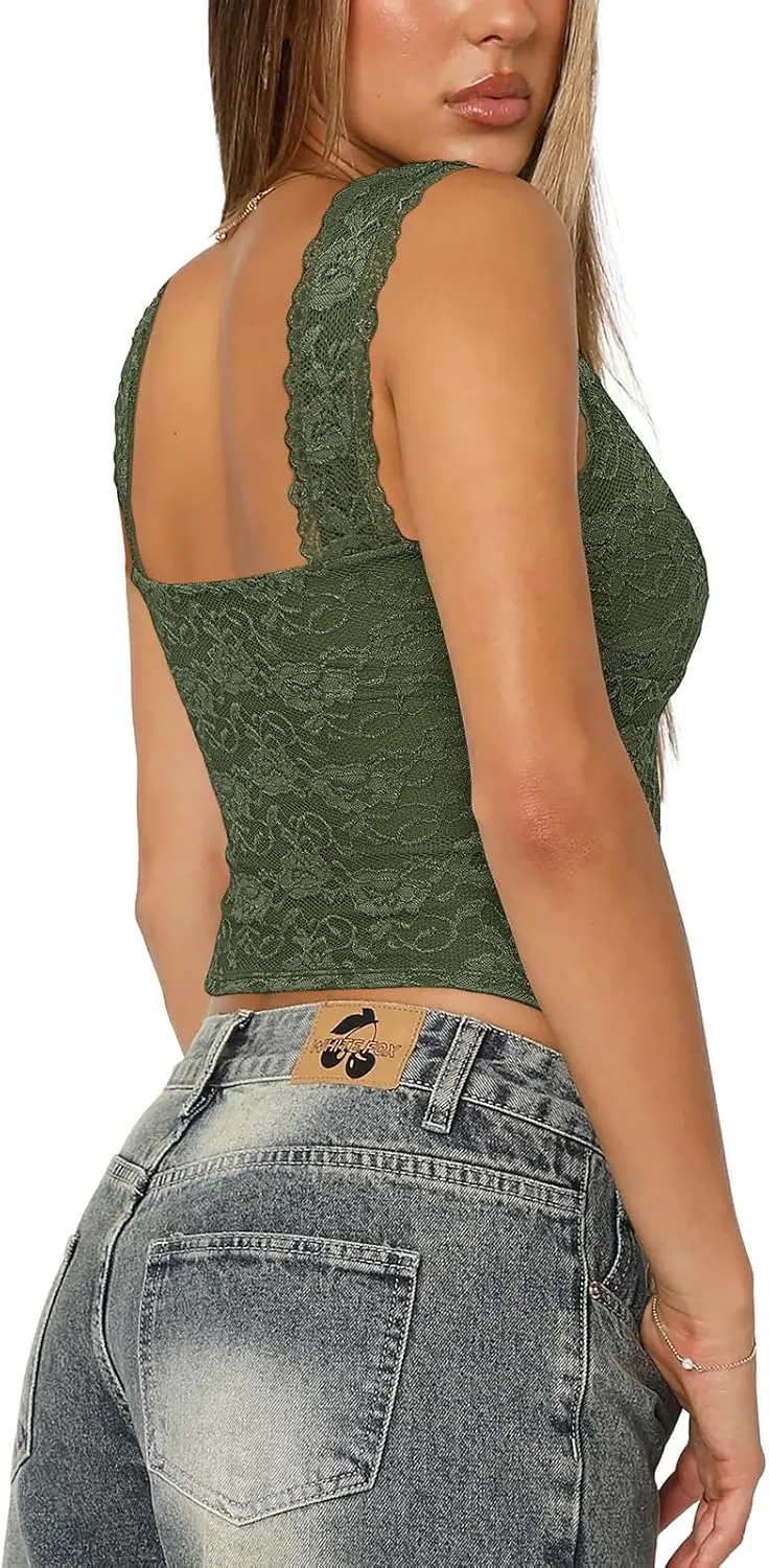REORIA Womens Sexy V Neck Sleeveless Y2K Trendy Lace Cropped Tank Tops Double Lined Going Out Top