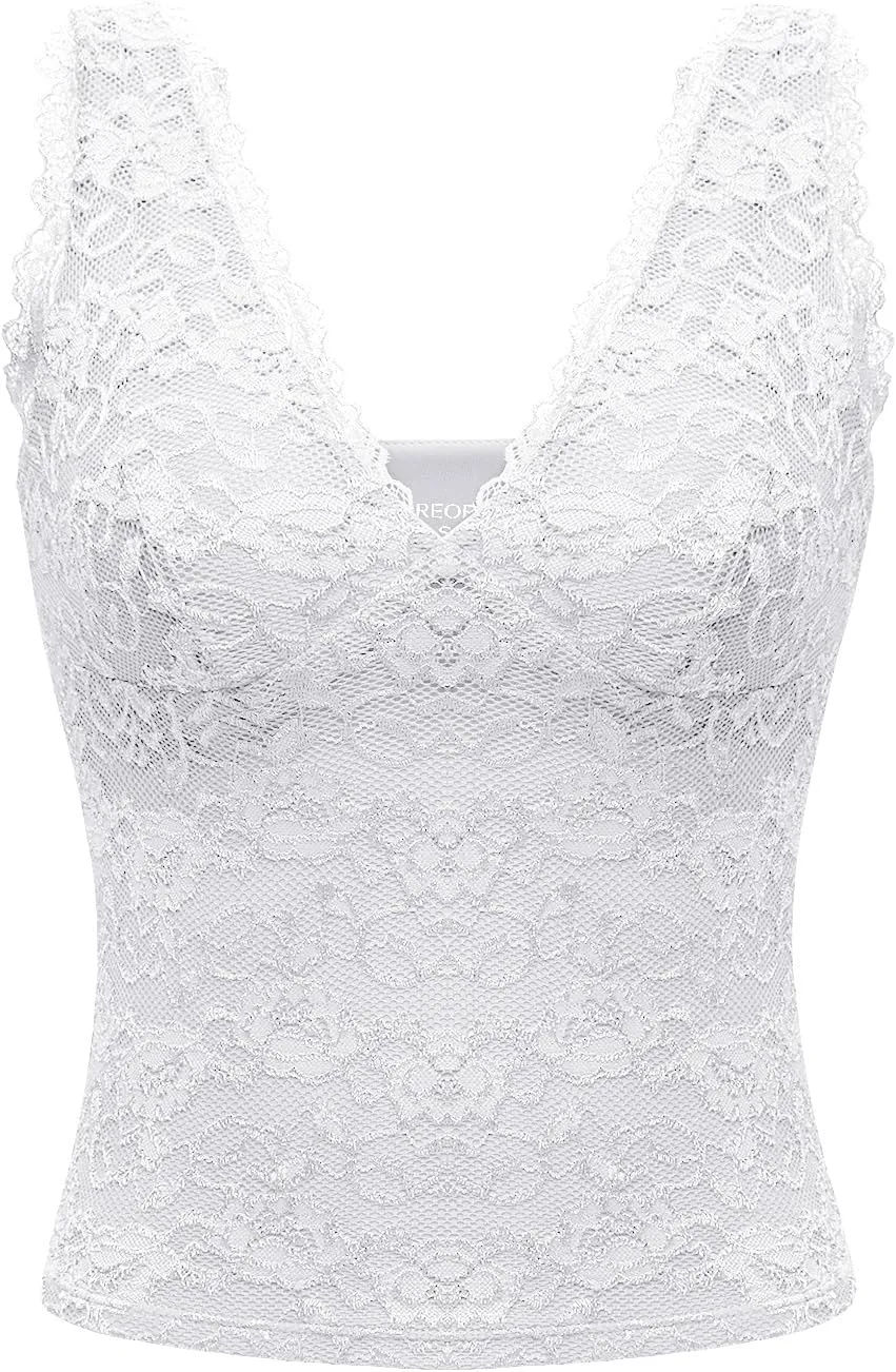 REORIA Womens Sexy V Neck Sleeveless Y2K Trendy Lace Cropped Tank Tops Double Lined Going Out Top