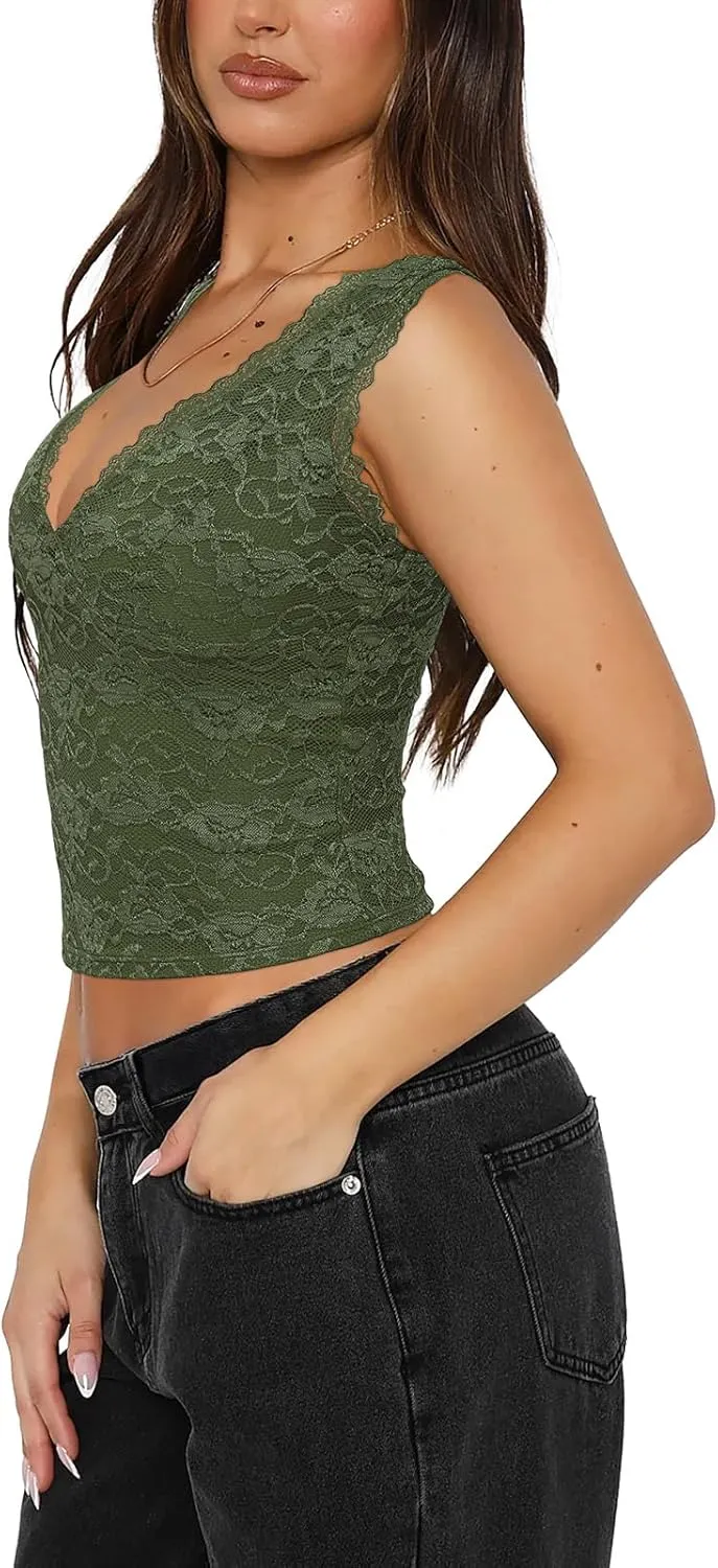 REORIA Womens Sexy V Neck Sleeveless Y2K Trendy Lace Cropped Tank Tops Double Lined Going Out Top