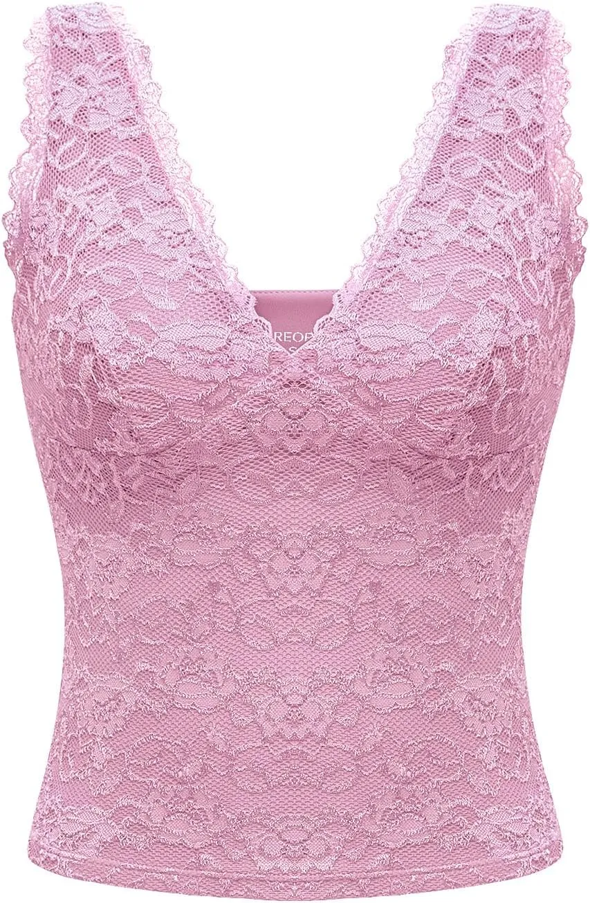 REORIA Womens Sexy V Neck Sleeveless Y2K Trendy Lace Cropped Tank Tops Double Lined Going Out Top