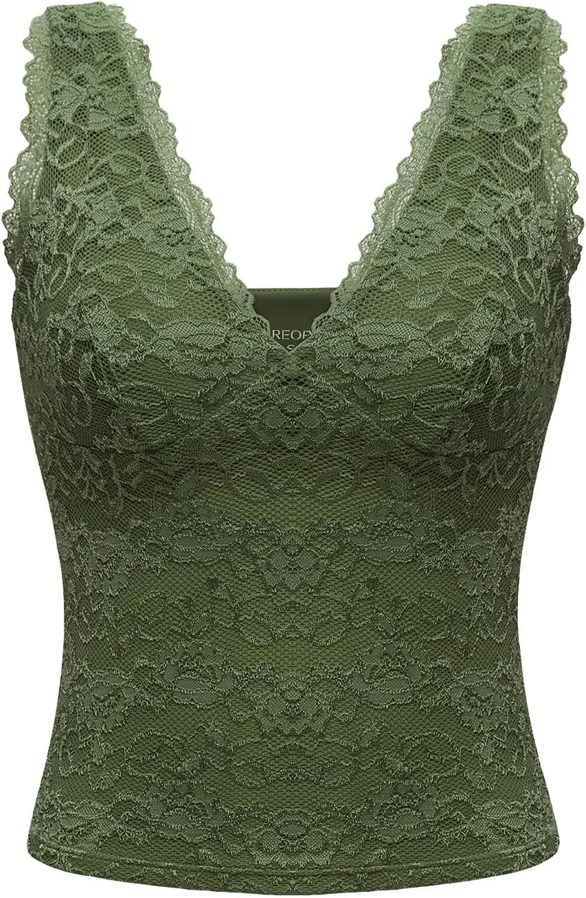 REORIA Womens Sexy V Neck Sleeveless Y2K Trendy Lace Cropped Tank Tops Double Lined Going Out Top