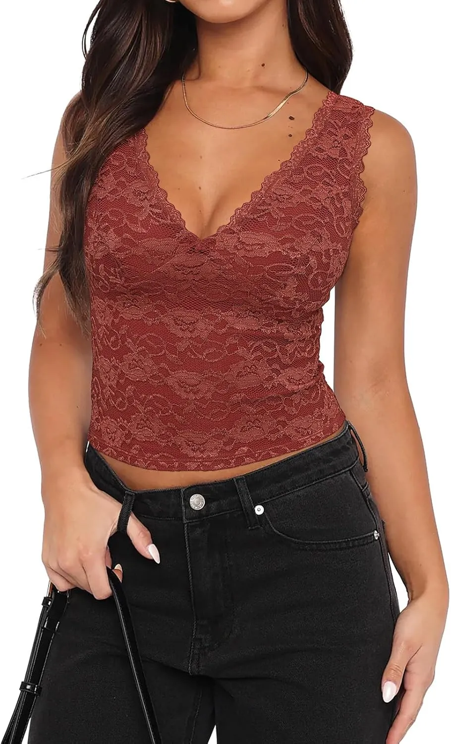 REORIA Womens Sexy V Neck Sleeveless Y2K Trendy Lace Cropped Tank Tops Double Lined Going Out Top
