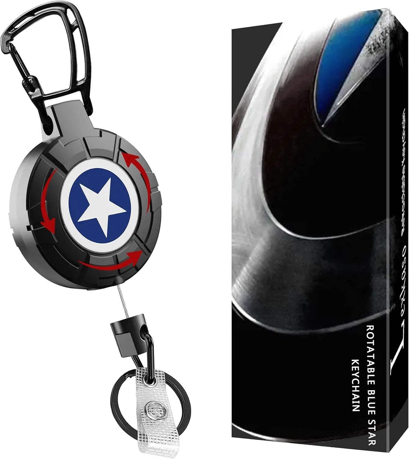 Retractable Keychain Heavy Duty Carabiner Badge Holder, Rotating Blue Star Faceplate, Tactical ID Badge Reel Gifts For Men, Fathers Day