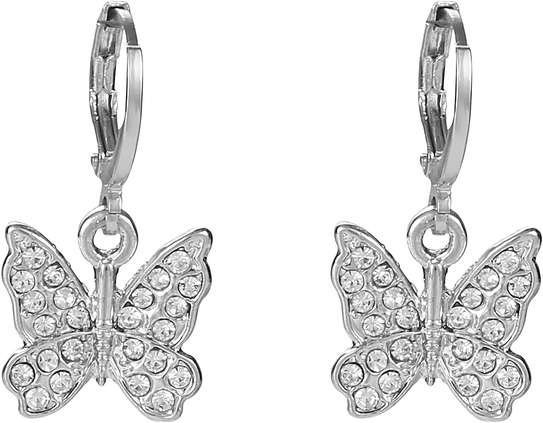 Rhinestone Animal Charm Tiny Cute Butterfly Drop Gold Hoop Earrings Hanging Women Huggie Hoop Earrings Summer Jewelry