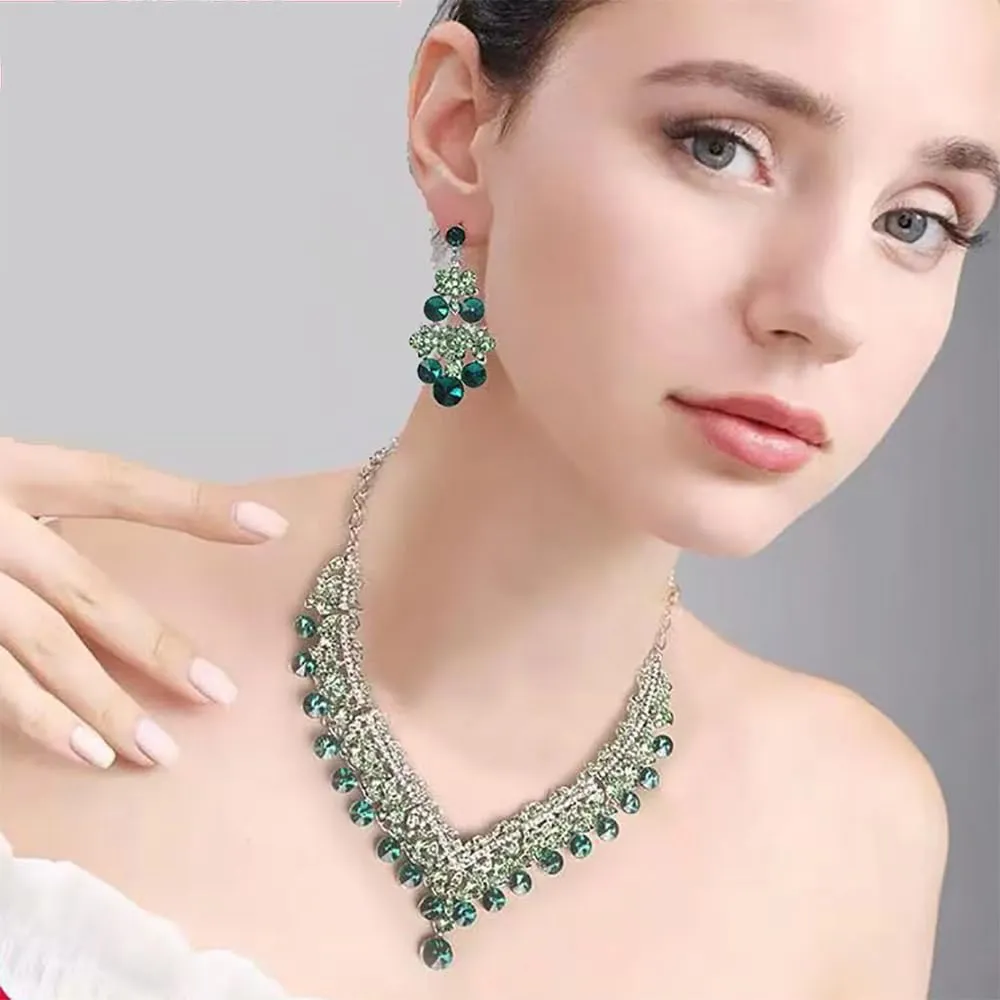 Rhinestone Rib Statement Necklace Earring Spark Crystal Collar Necklace Earring Set Fashion Costume Jewelry