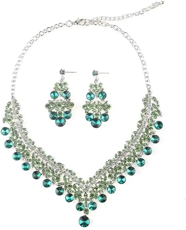 Rhinestone Rib Statement Necklace Earring Spark Crystal Collar Necklace Earring Set Fashion Costume Jewelry