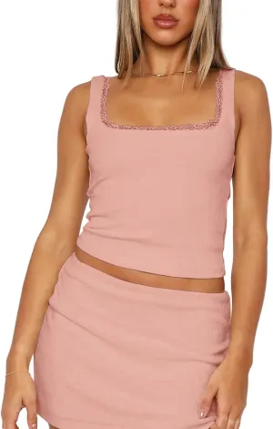 Ribbed Crop Tank Tops for Women Lace Summer Going Out Square Neck Y2k Backless Cute Sleeveless Tops 2025 Trendy Shirt