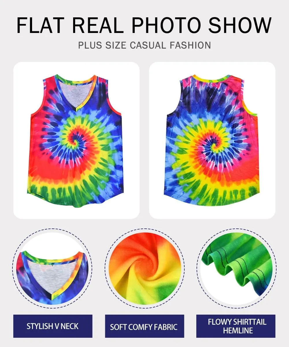 RITERA Plus Size Tank Tops for Women Tie Dye V Neck Sleeveless Shirt Casual Basic Muticolor Oversized Tanks XL-5XL