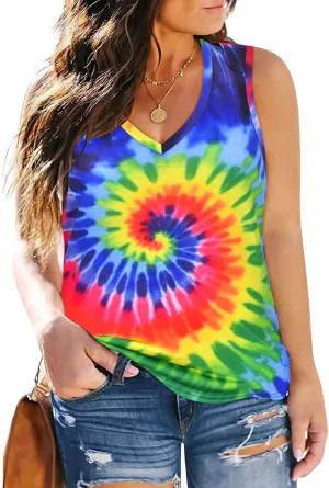 RITERA Plus Size Tank Tops for Women Tie Dye V Neck Sleeveless Shirt Casual Basic Muticolor Oversized Tanks XL-5XL