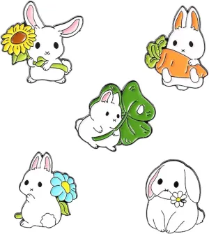 ROFARSO Rabbit Enamel Lapel Pin Set Cartoon Bunny with Various Plant Flower Pin, Accessory for Backpacks Clothing Bags Hats Shirts (5piccs pin set)
