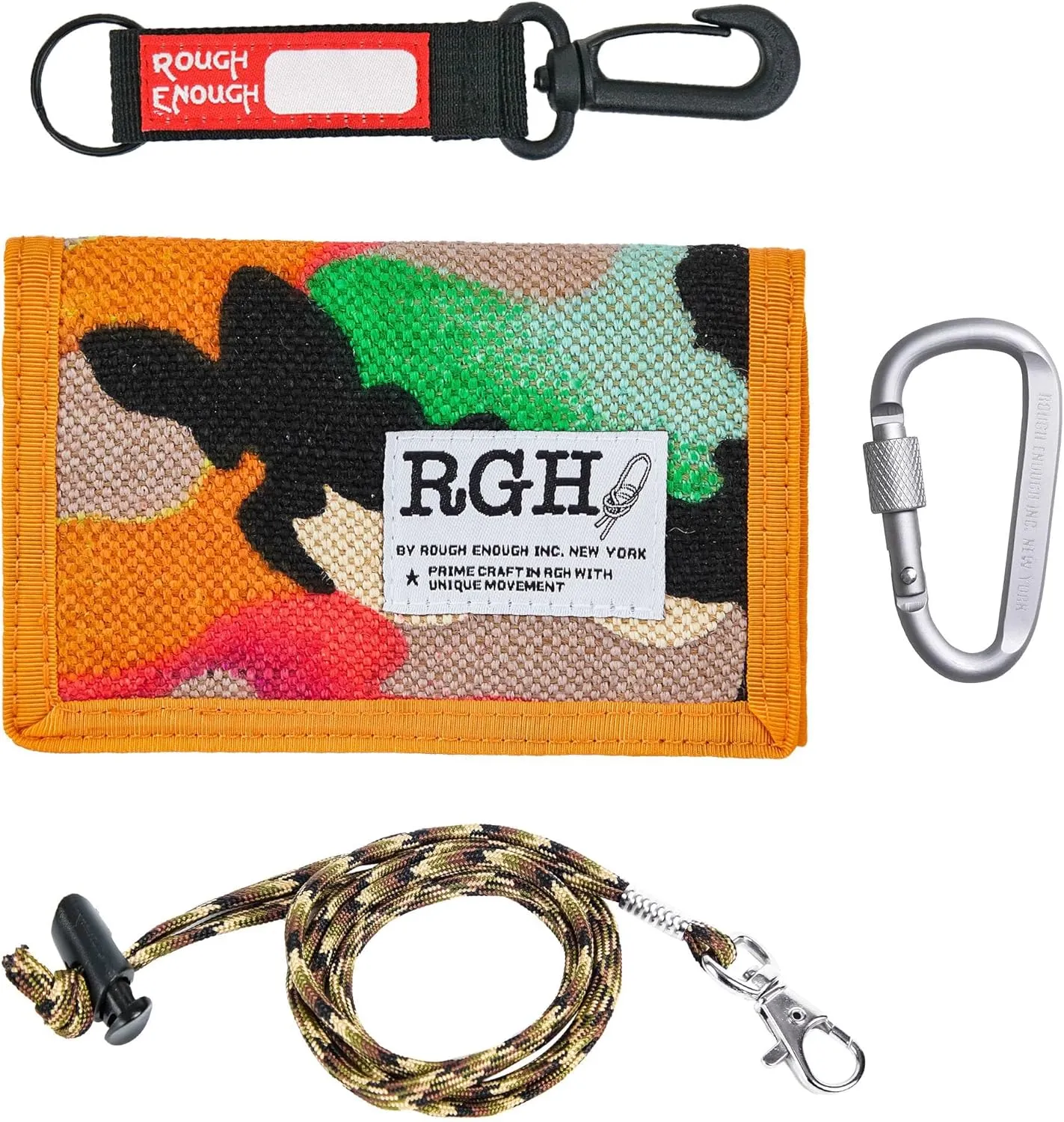 Rough Enough Boys Wallet for Kids with Adjustable Neck Lanyard Keychain Durability Canvas Material Classic Casual Vintage Design Orange Camo