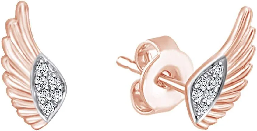 Round White Natural Diamond Accent Angel Wing Stud Earrings In 14k Gold Over Sterling Silver Jewelry For Her (I-J Color, I2-I3 Clarity, 0.02 Cttw)